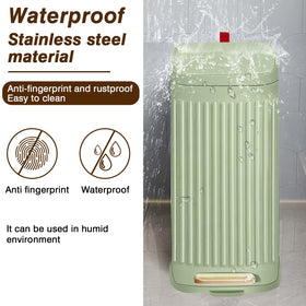 GloDeals slim rectangular trash bin fits tight spaces between toilet and cabinet.