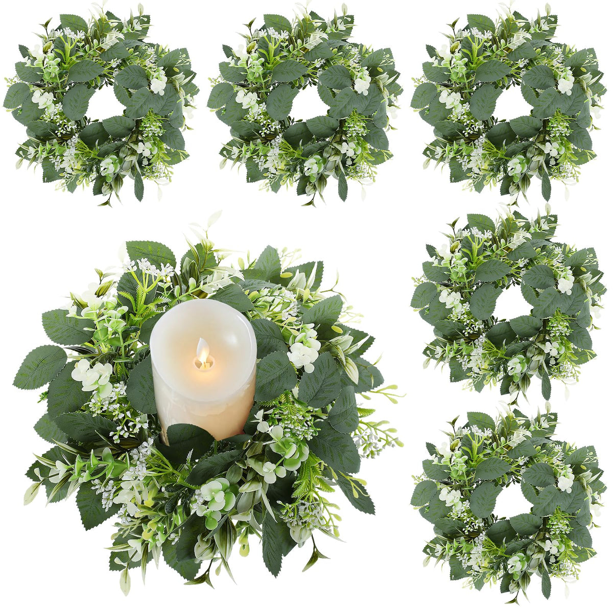 GLOMAXLY 6-pack eucalyptus candle rings frame a pillar candle for elegant table decor