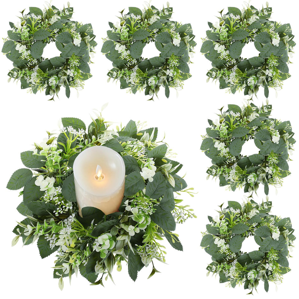 GLOMAXLY 6-pack eucalyptus candle rings frame a pillar candle for elegant table decor