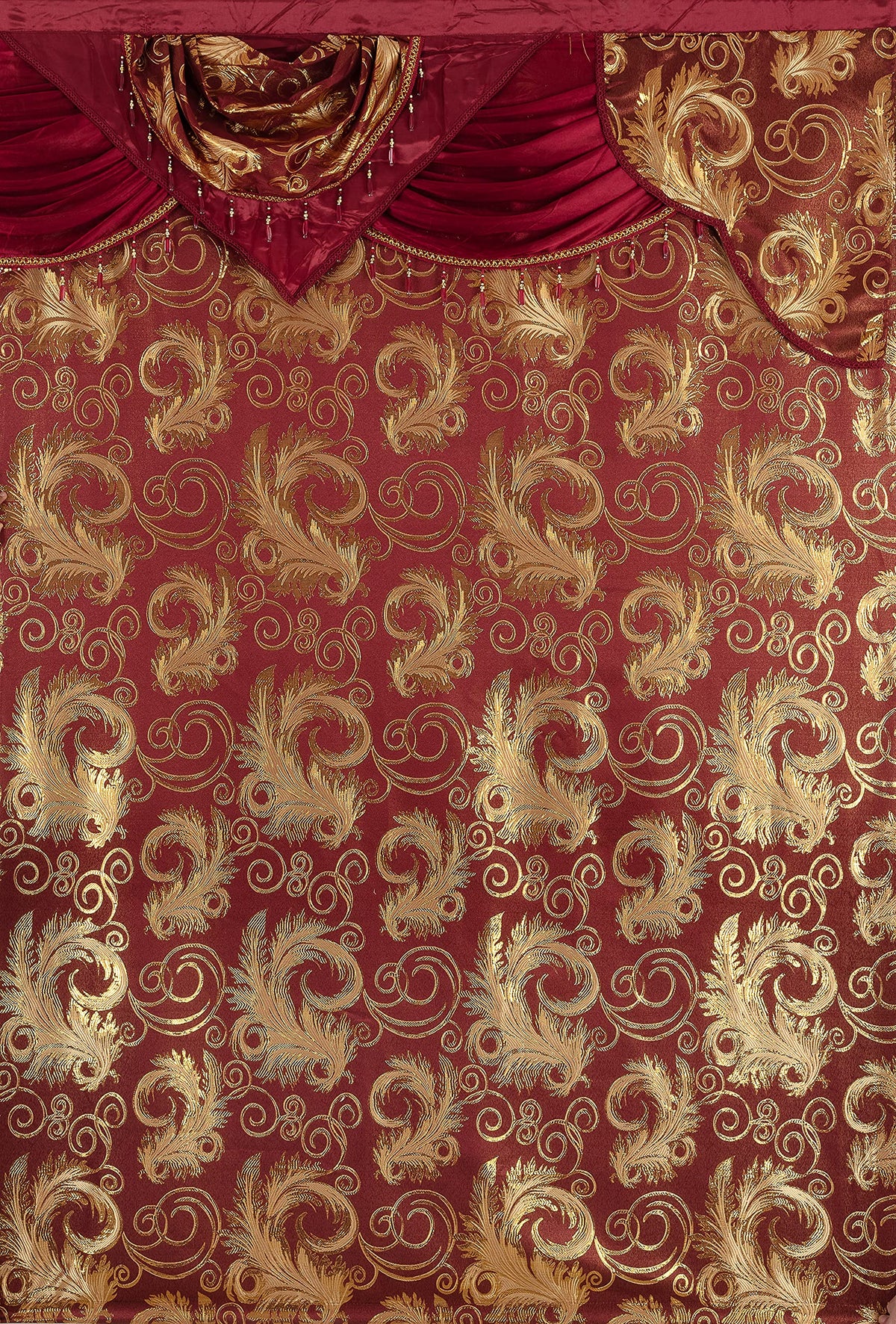 GLORY RUGS bedroom window drapery in burgundy for a cozy feel.