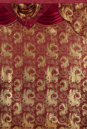 GLORY RUGS bedroom window drapery in burgundy for a cozy feel.