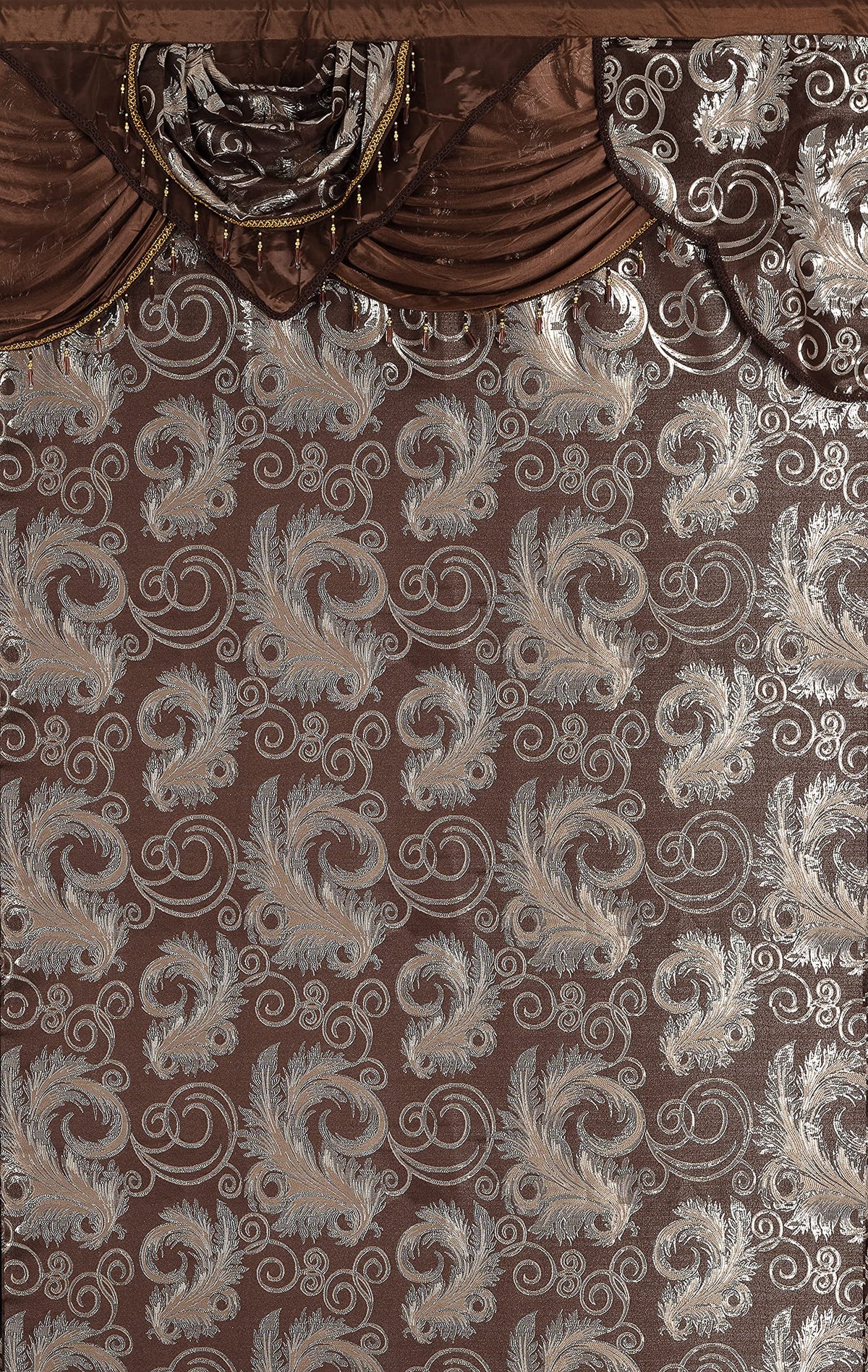GLORY RUGS brown jacquard curtain panel demonstrates rich texture and drape.