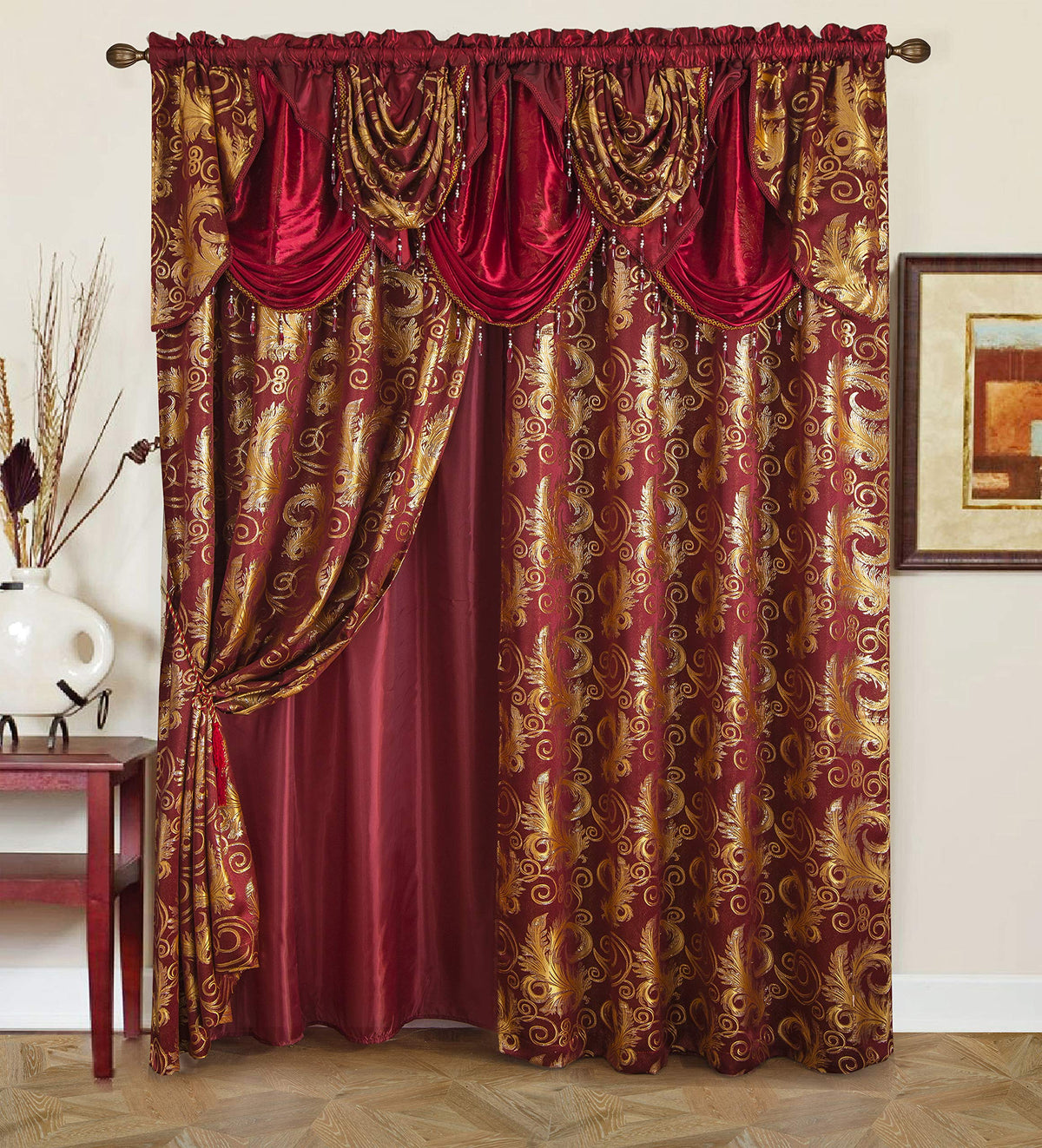 GLORY RUGS jacquard curtain panel in burgundy gold enhances living room ambiance.