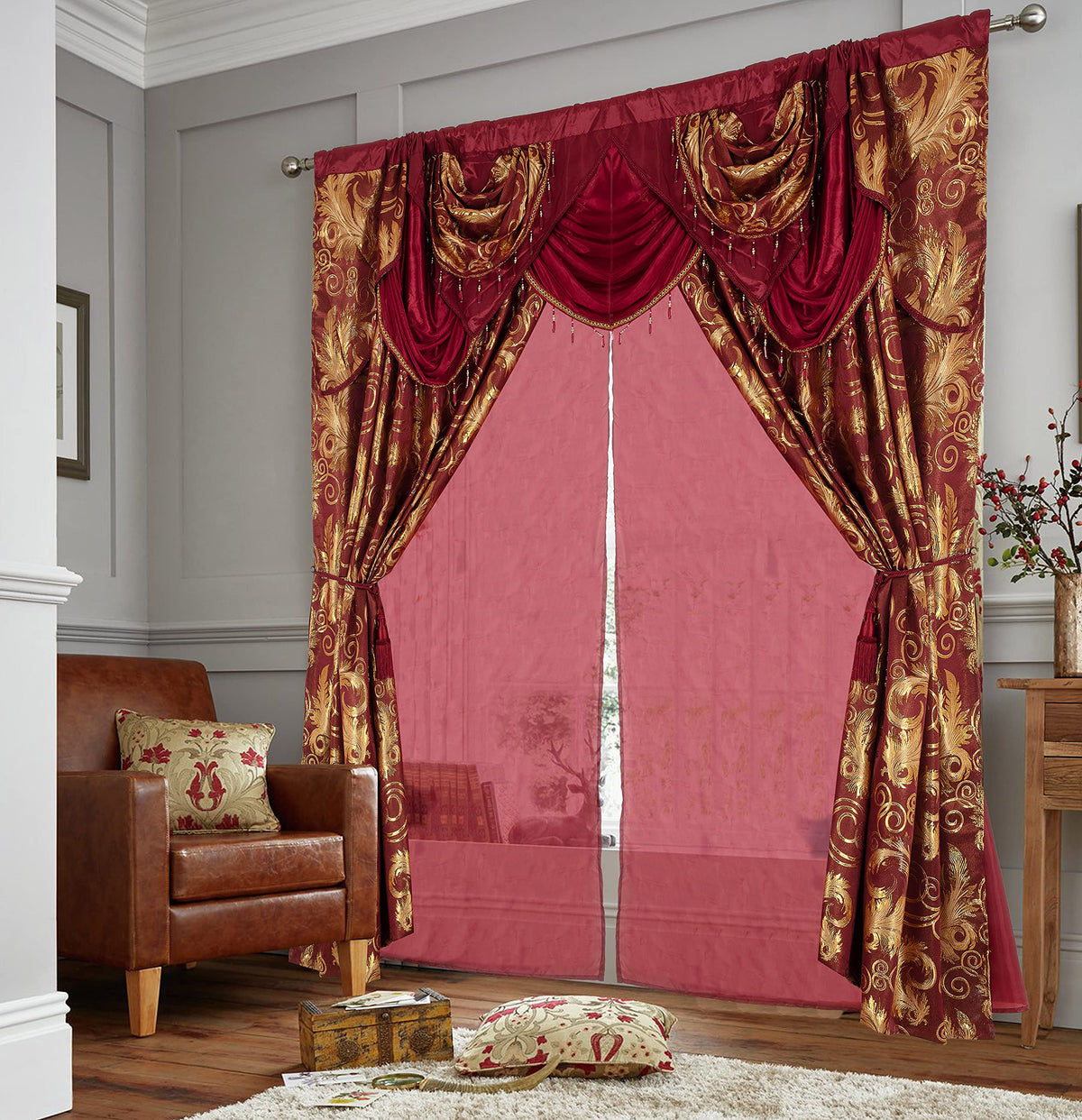 GLORY RUGS jacquard curtain valance burgundy gold adds cohesive style.