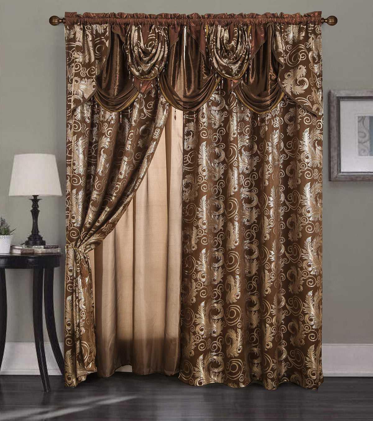 GLORY RUGS jacquard luxury window panel in brown with valance enhances privacy and style.