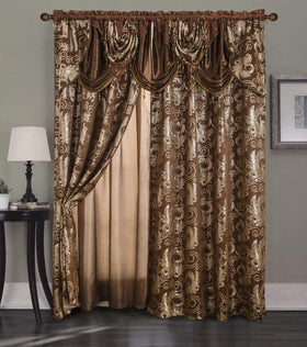 GLORY RUGS jacquard luxury window panel in brown with valance enhances privacy and style.