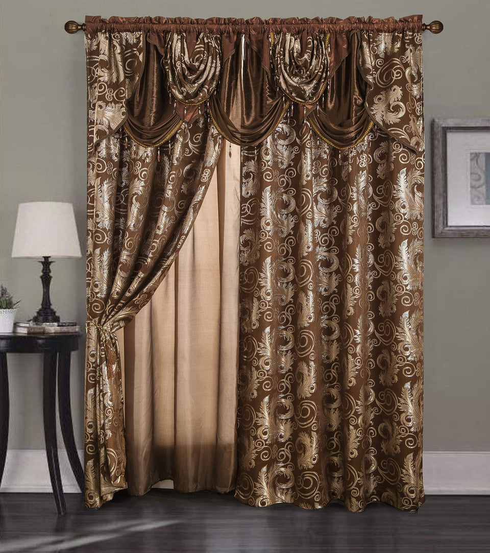 GLORY RUGS jacquard luxury window panel in brown with valance enhances privacy and style.