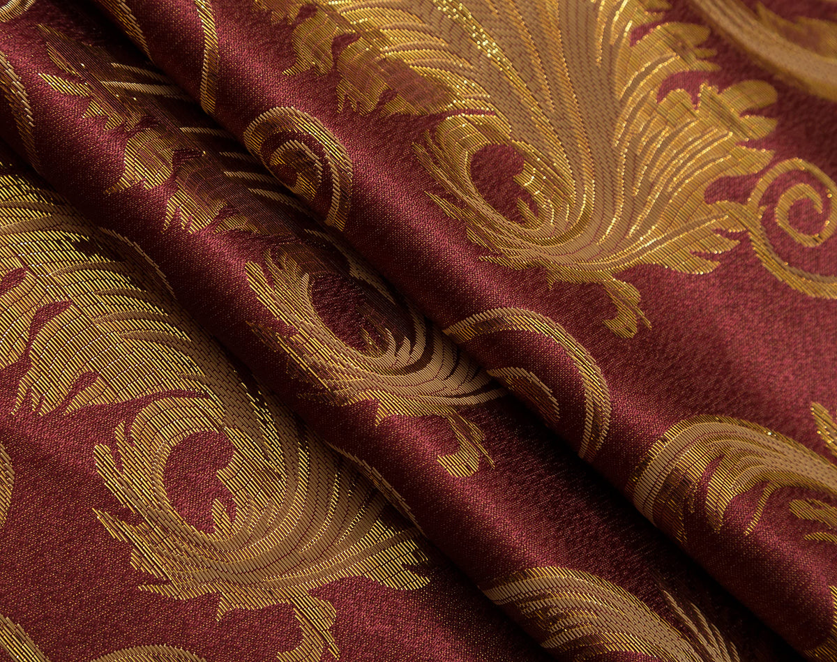 GLORY RUGS living room window setup with burgundy gold jacquard curtains.