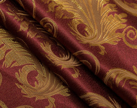 GLORY RUGS living room window setup with burgundy gold jacquard curtains.