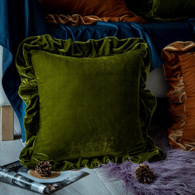 Glory Season velvet pillow cover in olive green, back view, seamless look.