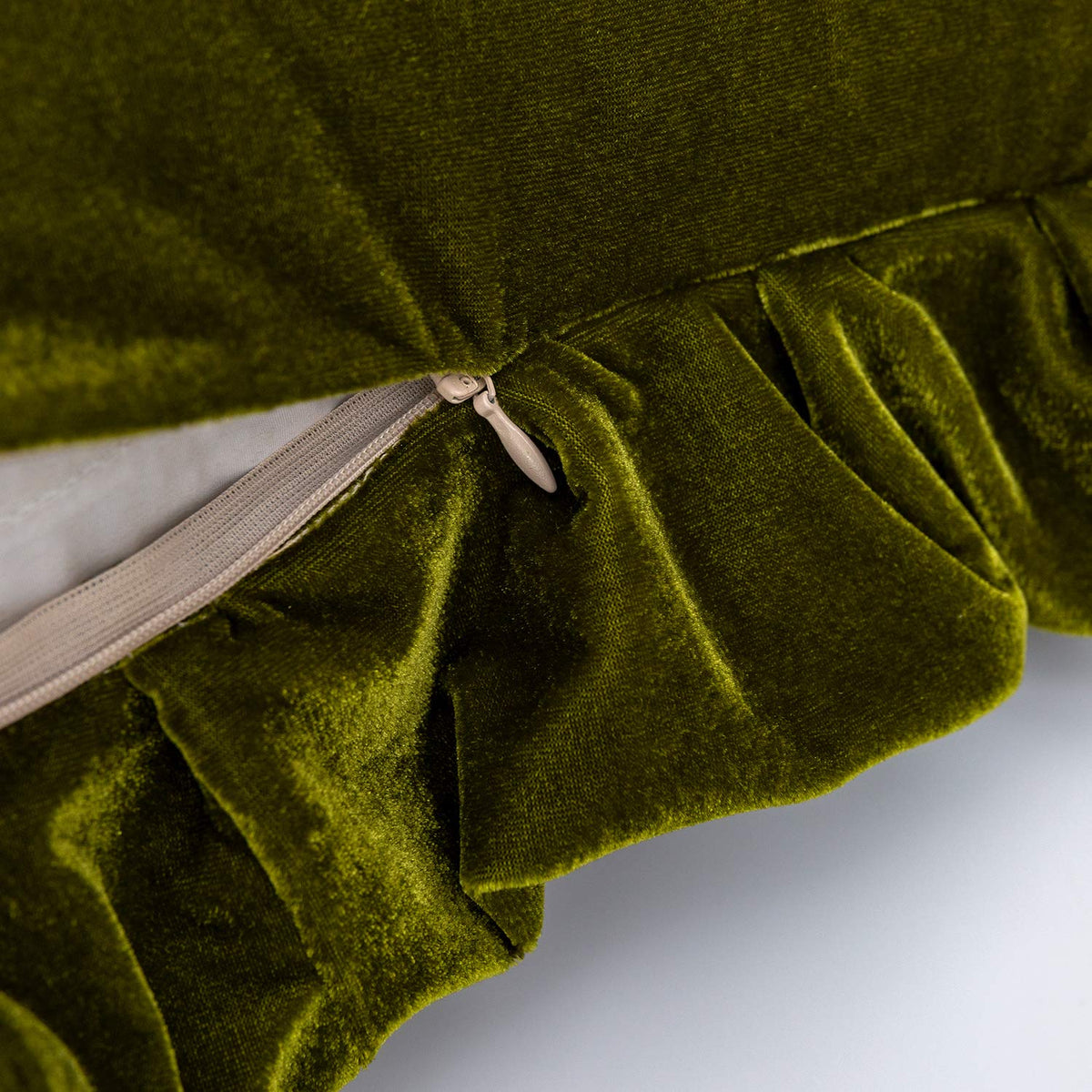 Glory Season velvet pillow cover in olive green, care instructions for washing.