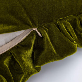 Glory Season velvet pillow cover in olive green, care instructions for washing.
