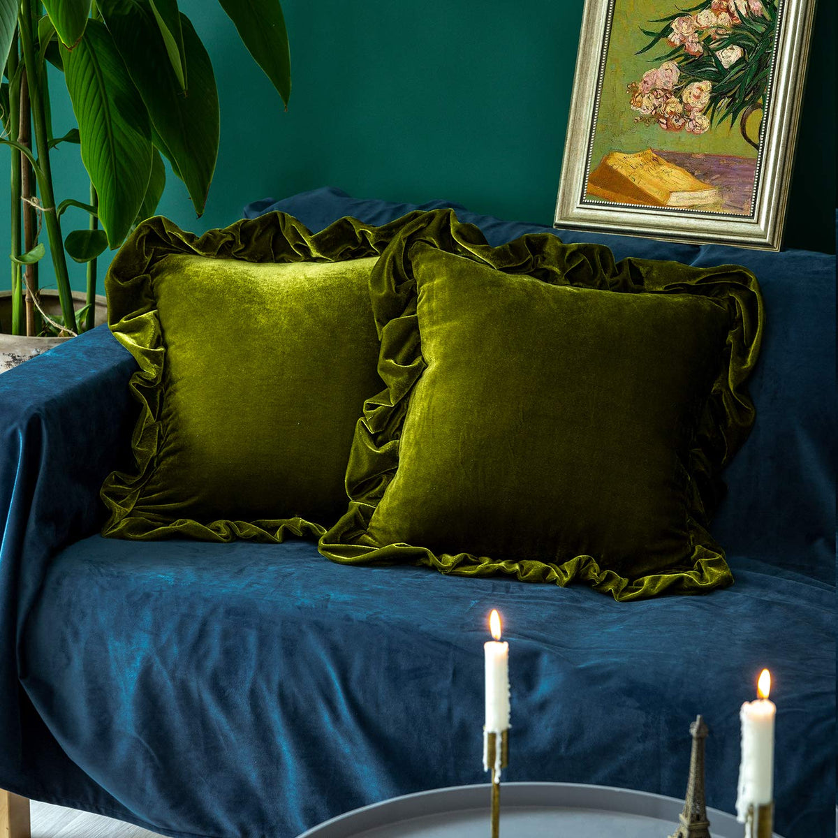 Glory Season velvet pillow cover in olive green, front view, luxe texture for sofa.