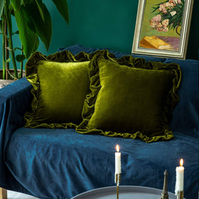 Glory Season velvet pillow cover in olive green, front view, luxe texture for sofa.