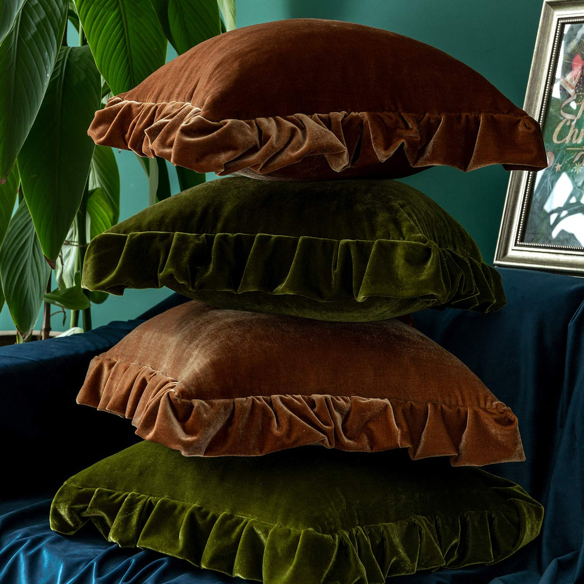 Glory Season velvet pillow cover in olive green, two-cover pack highlight.