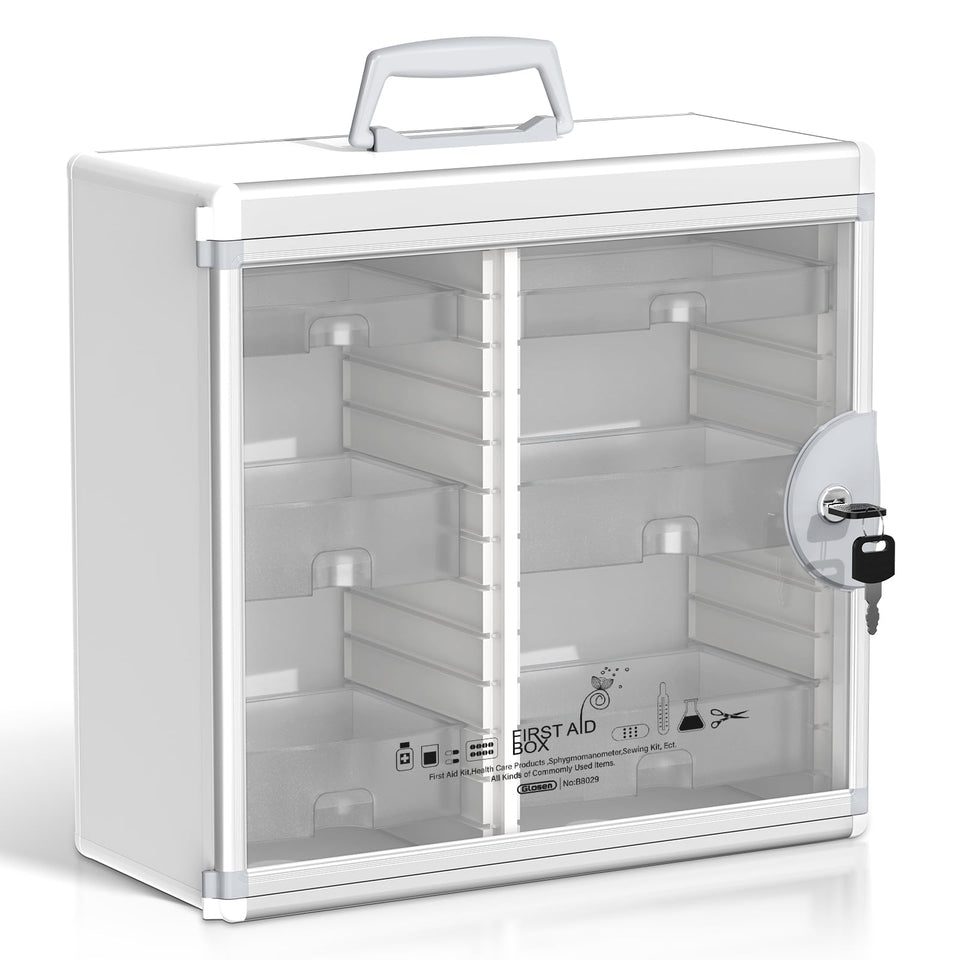 Glosen lockable medicine cabinet with aluminum frame secures bathroom storage.