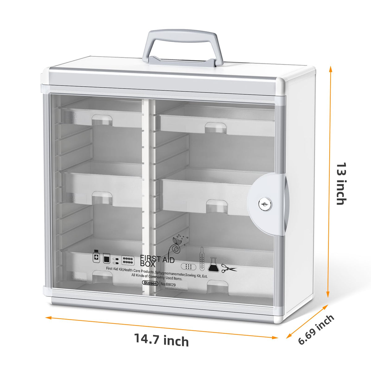 Glosen six removable trays organize pills and first-aid supplies at a glance.
