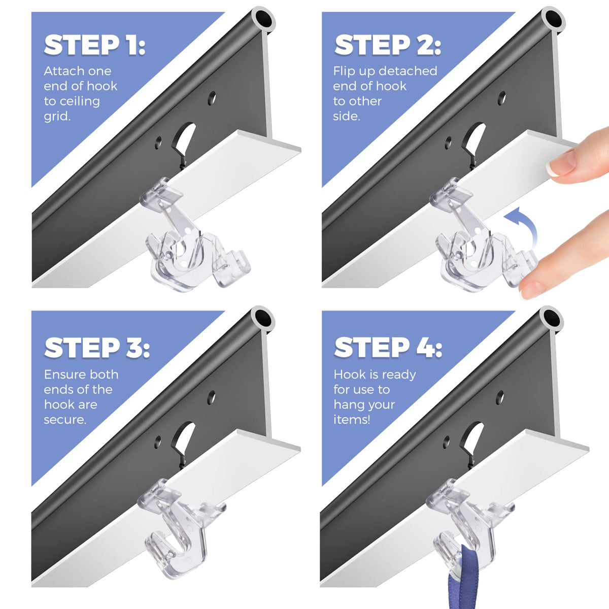 GlossyEnd clear drop-ceiling hook demonstrates swing-open lock for secure mounting.