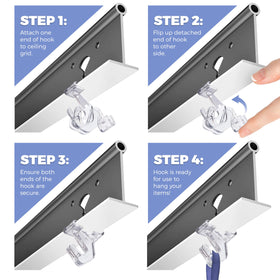 GlossyEnd clear drop-ceiling hook demonstrates swing-open lock for secure mounting.