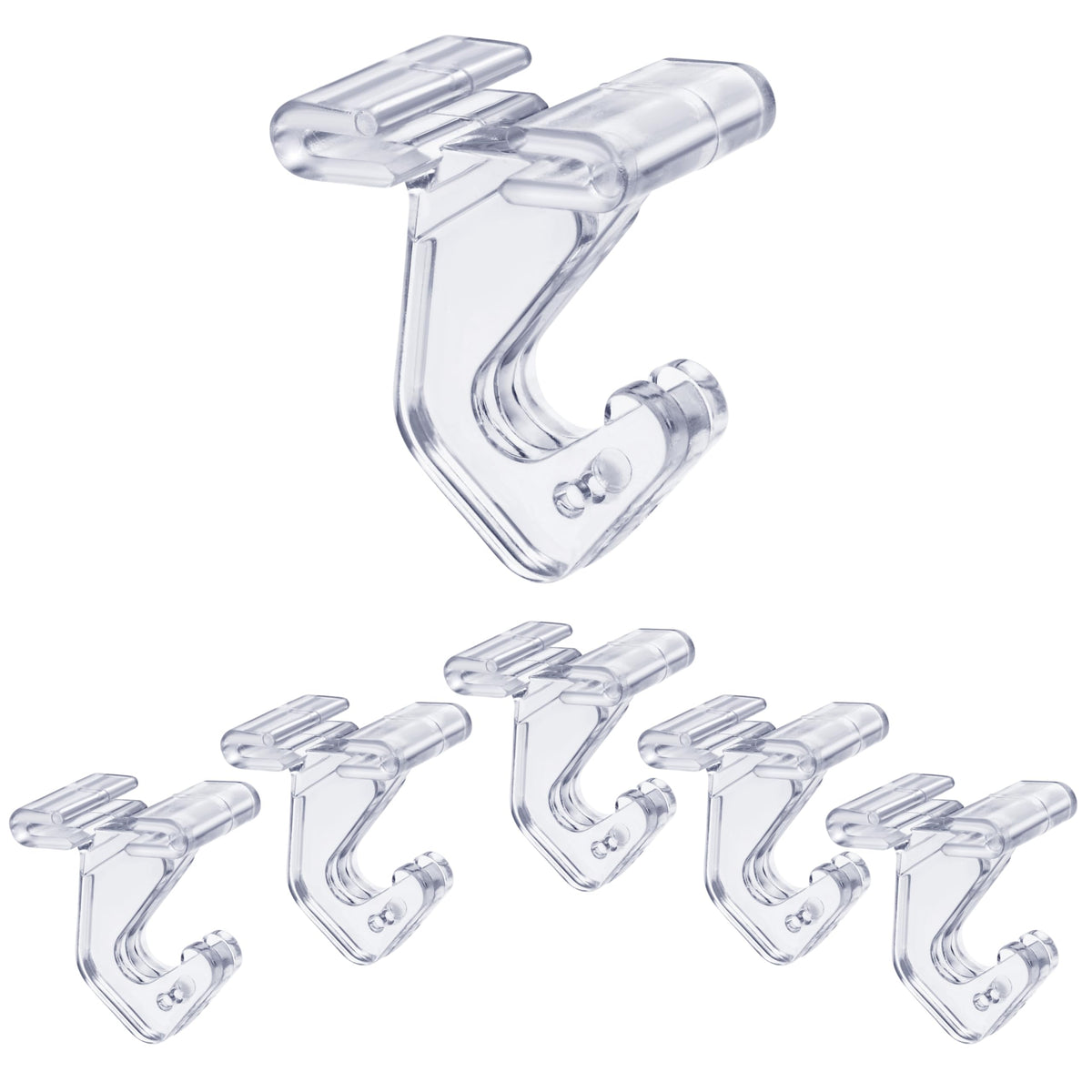 GlossyEnd crystal-clear hinged ceiling hook on a T-bar, discreetly supports items.