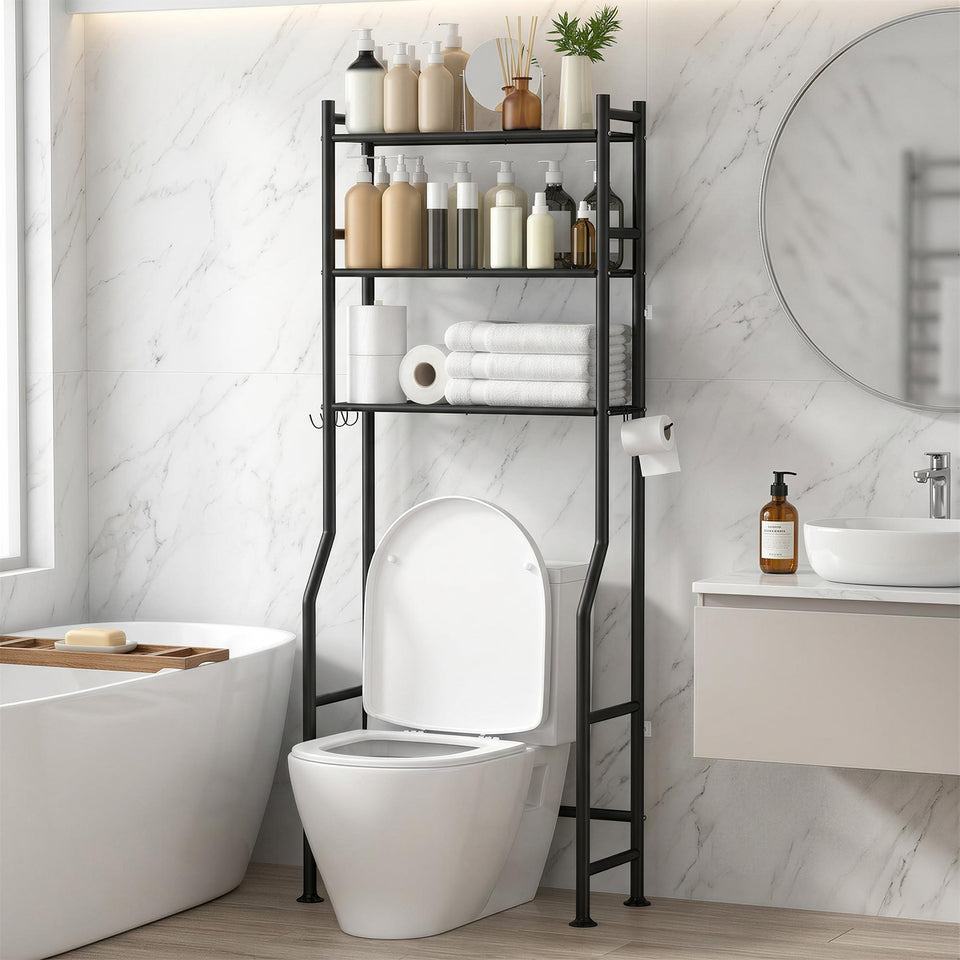 GloTika 3-Tier Over Toilet Storage keeps bathroom clutter off counters