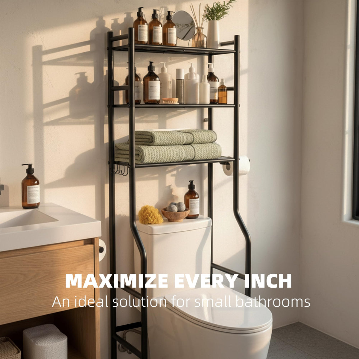 GloTika 64 inch tall unit fits standard bathrooms without obstructing lid