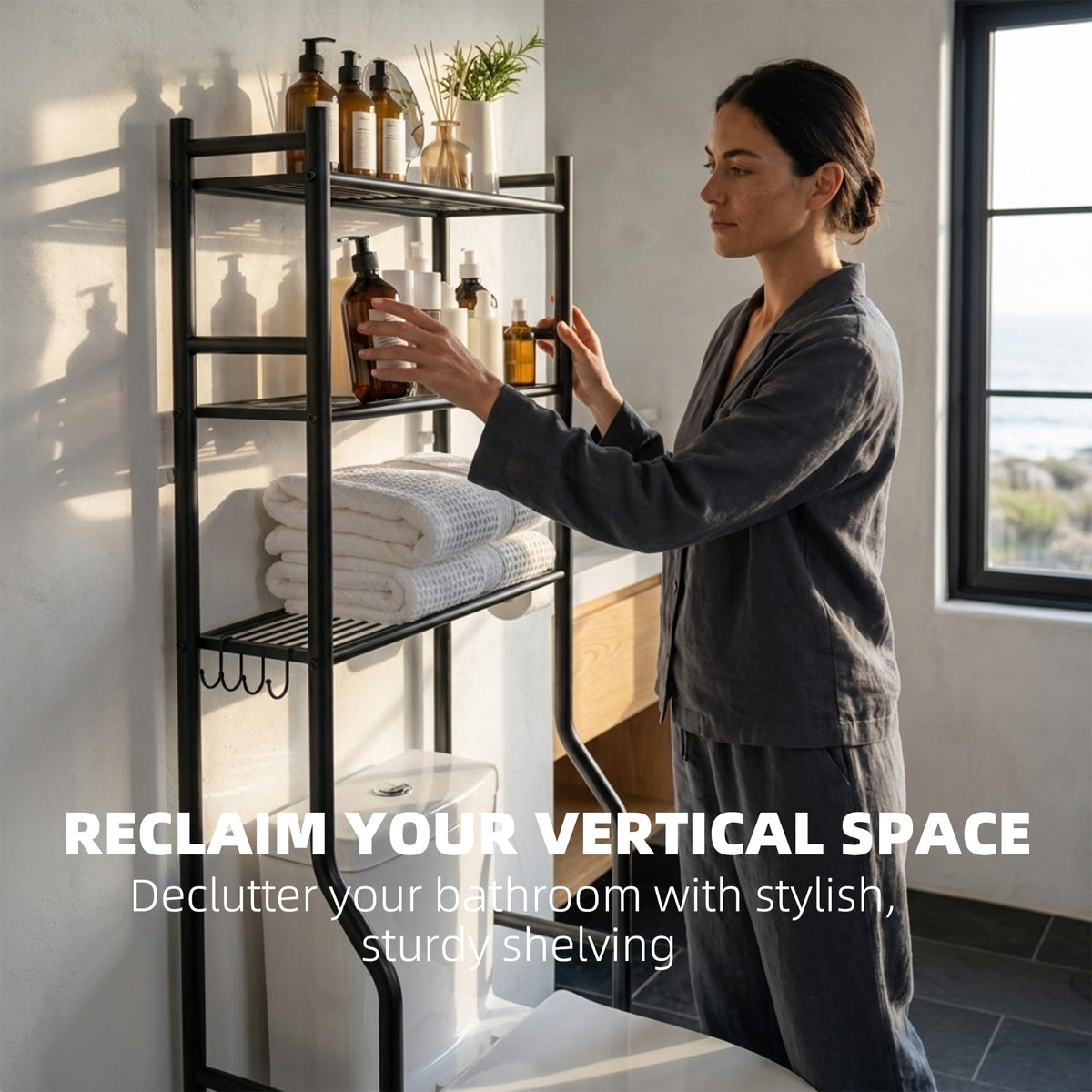 GloTika anti tilt safety system provides stable bathroom organization