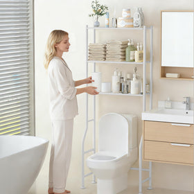 GloTika bathroom organizer with mesh shelves stores towels and accessories.