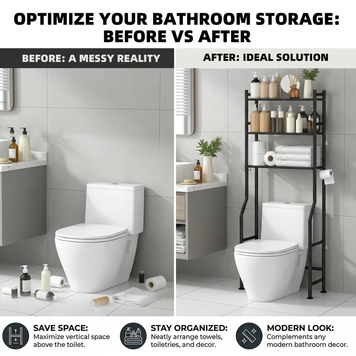 GloTika includes side hooks and roll holder for extra hanging space