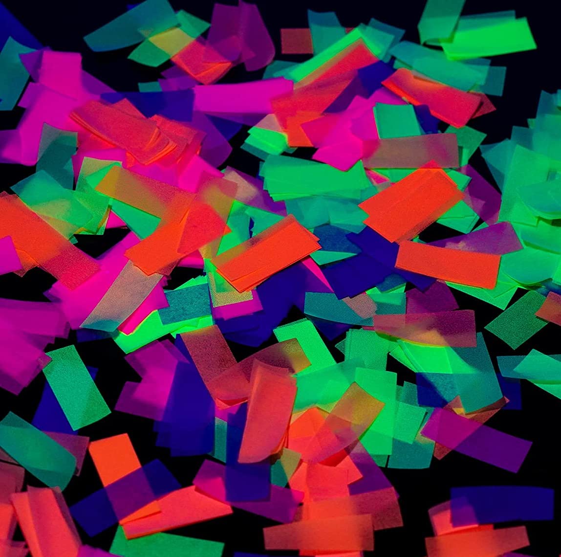Glow King blacklight confetti packs illuminate parties with vibrant color under UV light.