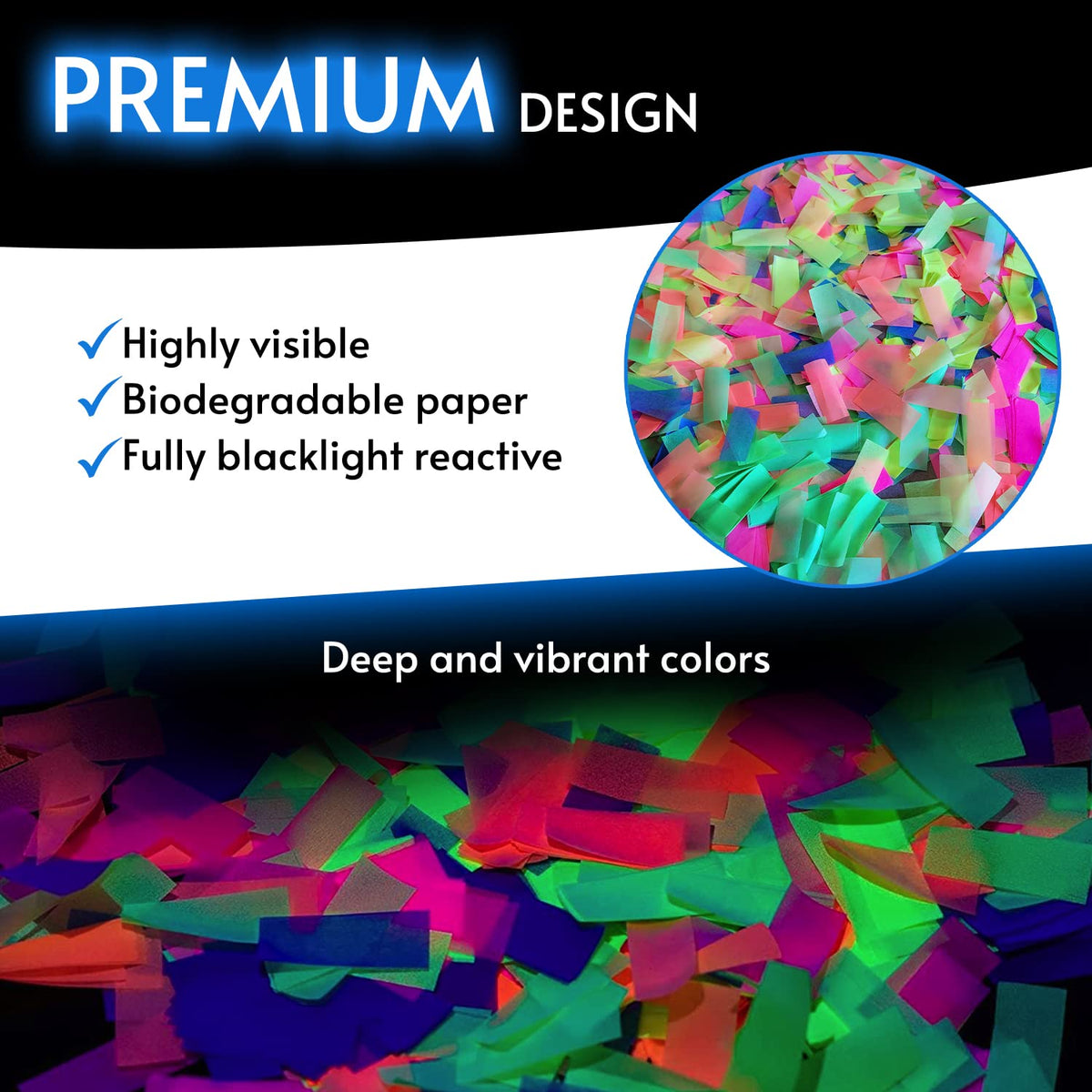 Glow King confetti under blacklight glows brilliantly to elevate parties.