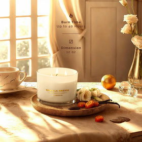 Lit Glowence vanilla candle at a dining table creates inviting mood.