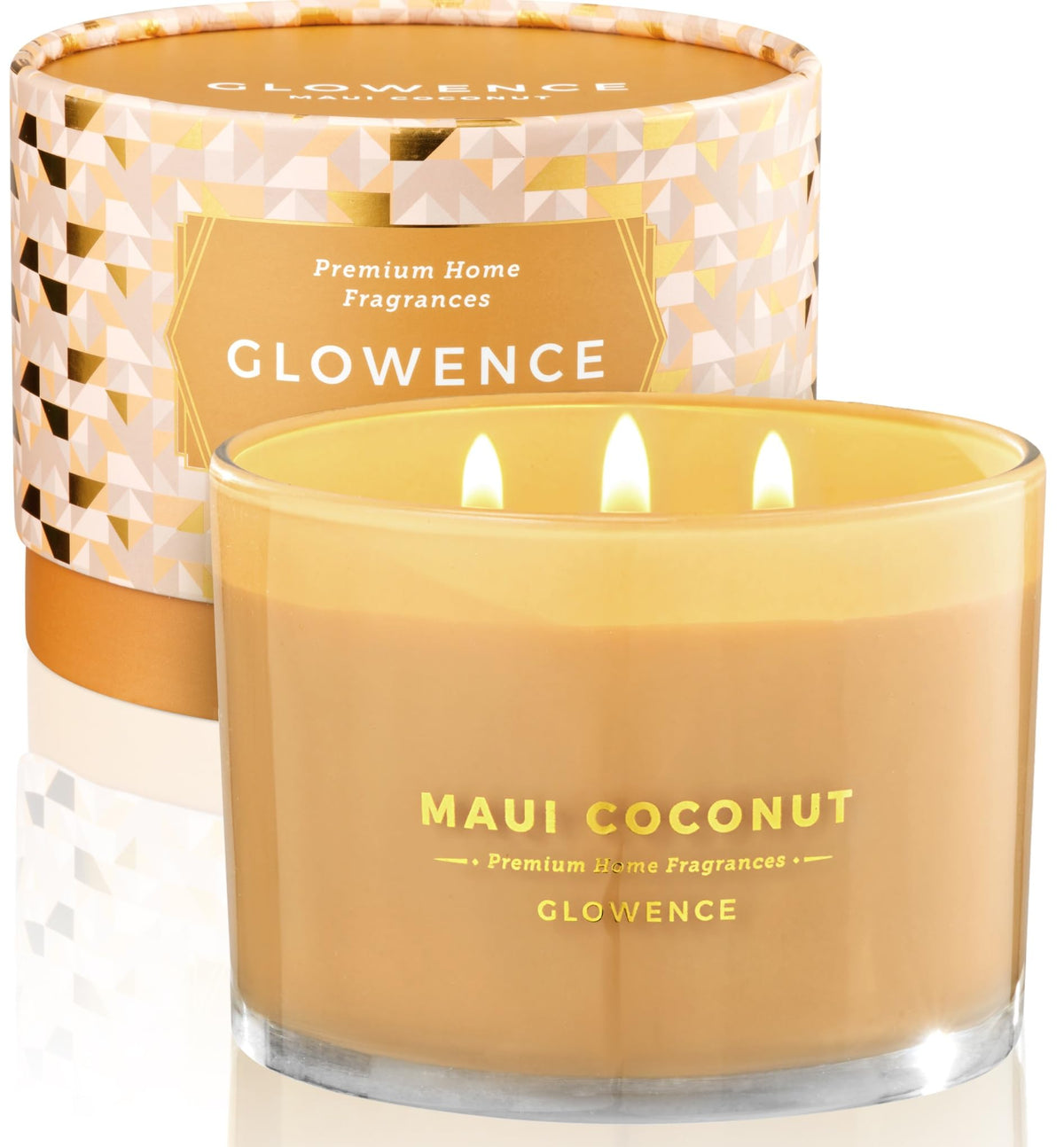 Glowence luxury coconut candle in a 3-wick jar emits a clean, lasting aroma.