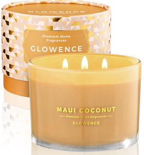 Glowence luxury coconut candle in a 3-wick jar emits a clean, lasting aroma.