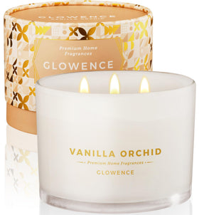 Glowence luxury vanilla candle jar with a large 3-wick setup for warm ambiance.
