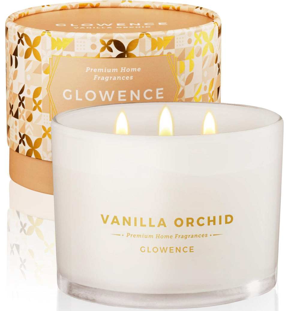 Glowence luxury vanilla candle jar with a large 3-wick setup for warm ambiance.