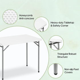 GlowitLian compact folding table folded for compact storage and portability.