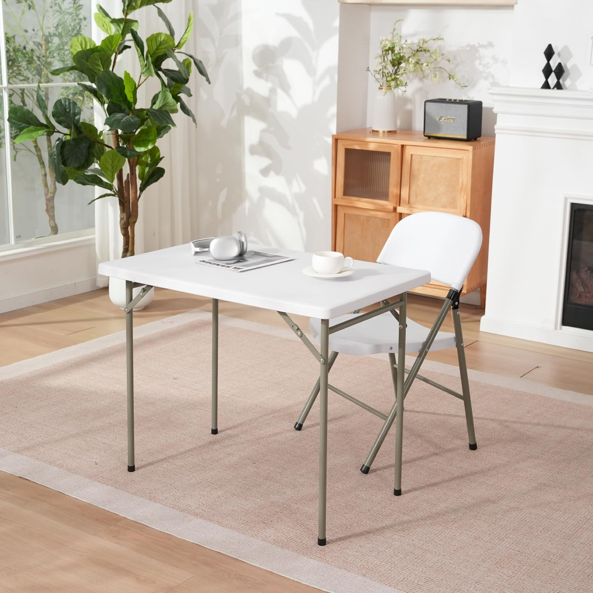 GlowitLian folding table with steel legs highlights sturdy frame for outdoor events.