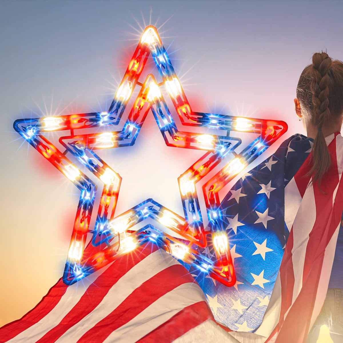 GLOWNOVA 50-lights star window silhouette glows for a festive patriotic display.