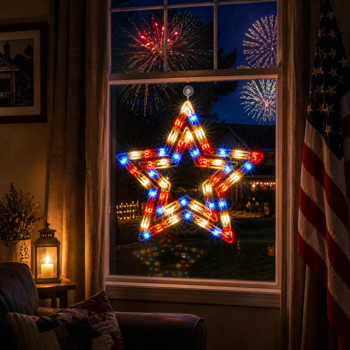 GLOWNOVA red white blue star illuminates your home’s window.