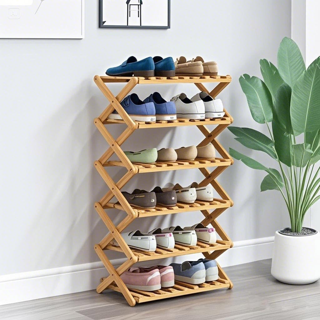 Glsety 6-tier bamboo shoe rack folded for easy storage.