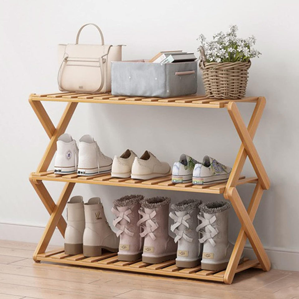 Glsety 3-tier bamboo shoe rack foldable for easy, space-saving storage