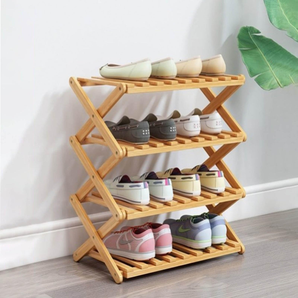 Glsety 4-tier bamboo shoe rack folding view, ideal for compact entryways and quick storage.