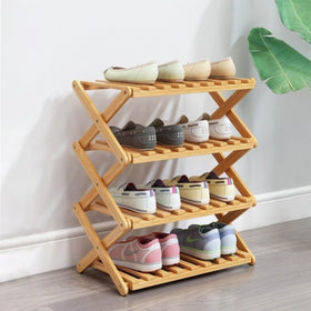 Glsety 4-tier bamboo shoe rack folding view, ideal for compact entryways and quick storage.
