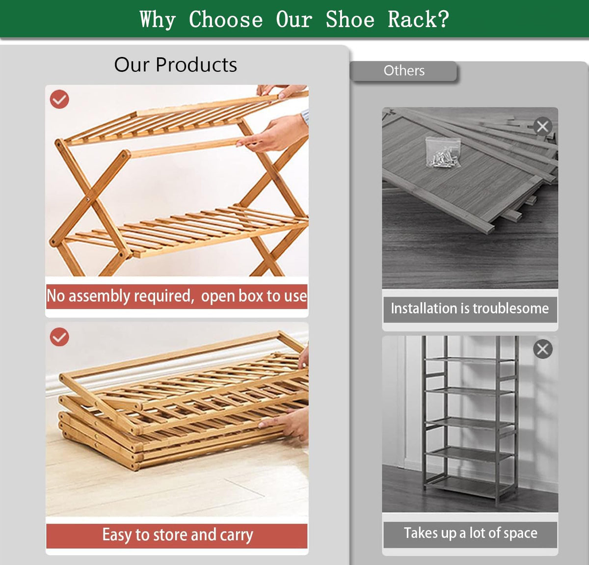 Glsety bamboo rack with slatted design for air flow.