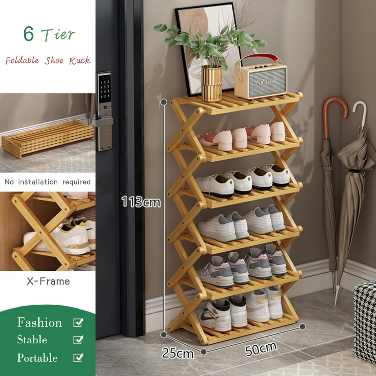 Glsety foldable shoe storage rack highlighting bamboo frame.