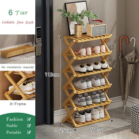 Glsety foldable shoe storage rack highlighting bamboo frame.