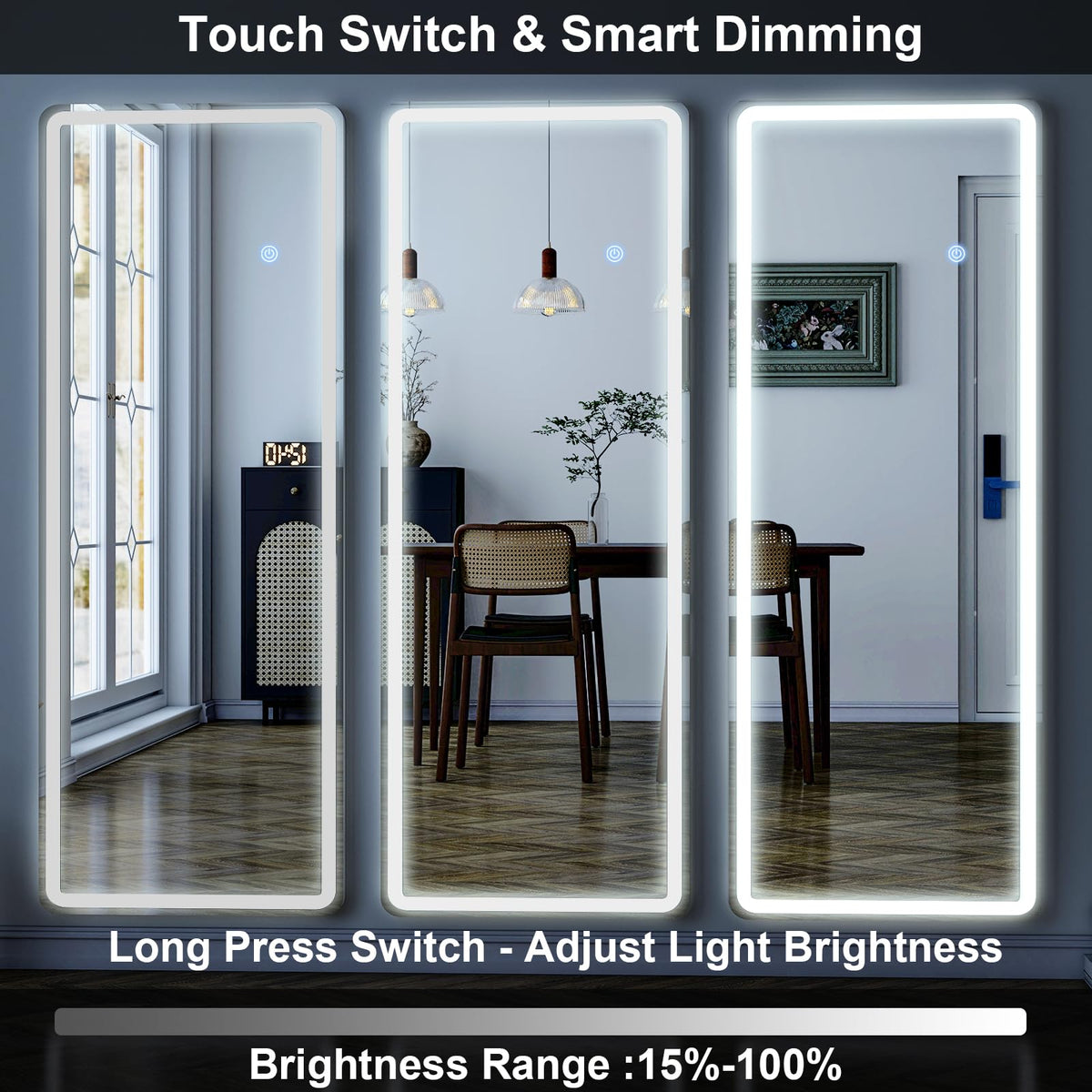 GLSLAND touch controls on the LED full-length mirror for easy brightness adjustment