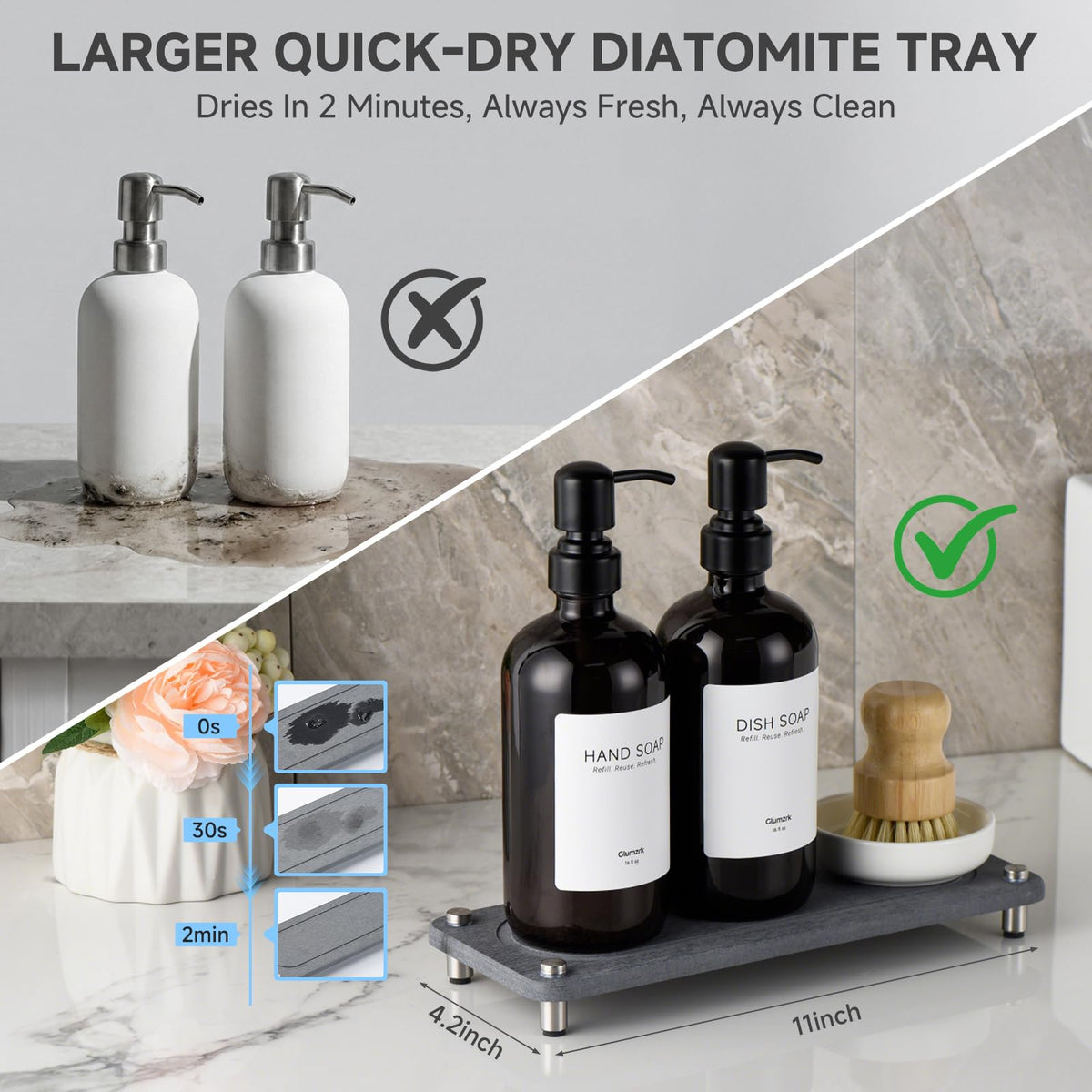 Glumzrk 16oz glass dispenser with black pump provides smooth, mess-free soap dispensing.