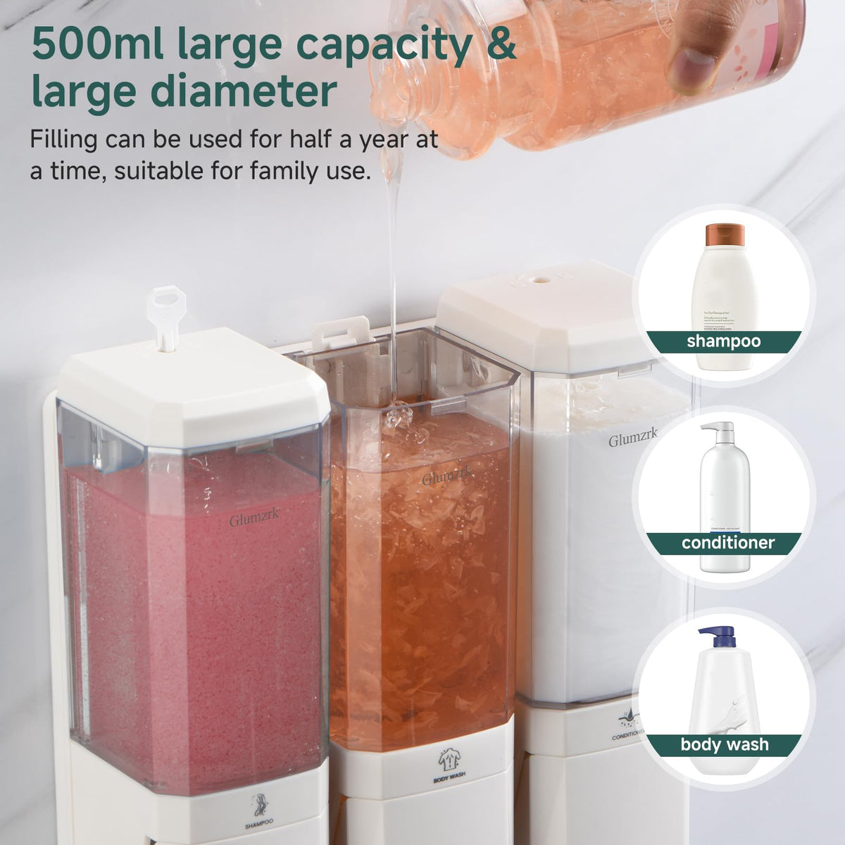 Glumzrk 3 chamber 500ml bottles visible window for easy refills